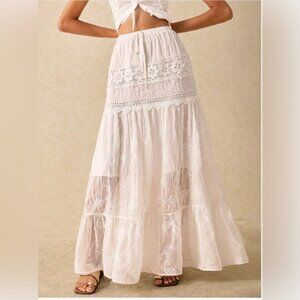 White Elegant Embroidered Tiered Design Maxi Skirt